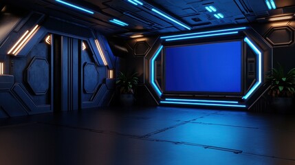 Futuristic spaceship interior with blank screen,  dark blue light