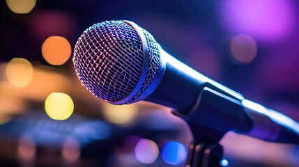 Obraz premium Compact desktop microphone standing in front of a streaming layout with keyboard and controllers