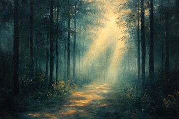 Obraz premium Misty forest path bathed in golden sunlight