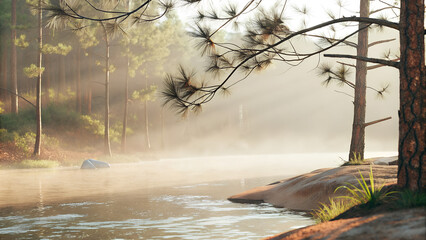 Peaceful forest river at sunrise, calm reflective water, misty morning atmosphere, dense pine trees on both sides, soft sunlight filtering through trees, natural landscape, photorealistic, high resolu