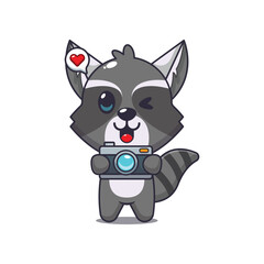 Cute raccoon cartoon vector illustration with camera