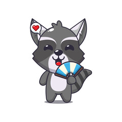 Cute raccoon cartoon vector illustration with hand fan