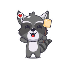 Cute raccoon cartoon vector illustration eating marshmallow