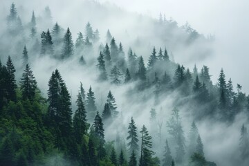 A dense forest blanketed in fog, with tall evergreen trees reaching for the sky, Mysterious veil of mist