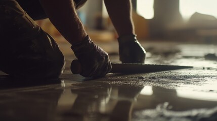 Obraz premium A concrete worker smoothing fresh cement. Featuring precision and stability