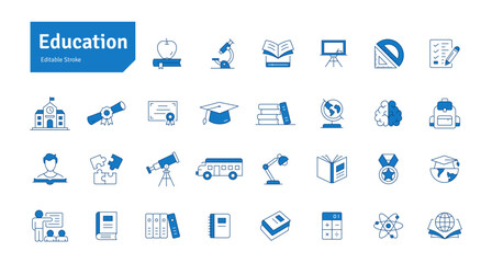 Education Blue Line Icons Set. E-Learning, School, College, Study, Knowledge, Calculator, Graduation, Teaching Icons Editable Stroke Vector Illustration