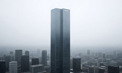 Aerial view of skyscrapers in foggy city.