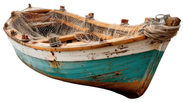 Rustic Boat and Fishing Net: A weathered fishing boat, its colorful hull worn by time and tide, sits draped with a fishing net, evokes the tales of sea, adventure, and nautical life.