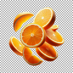 Floating Orange Slices with Juice Particles on transparent background, png, psd
