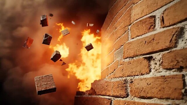 Intense Brick Wall Explosion with Fire and Smoke Effect in Slow Motion Animation