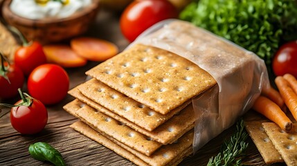 Rustic table displaying organic crackers and fresh vegetables in transparent bags for healthy snacking options