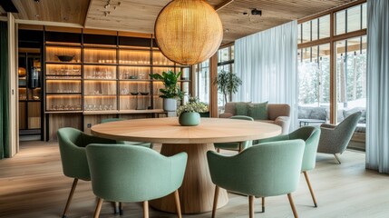 Mint-green chairs surrounding a round wooden dining table, set in a Scandinavian-designed room