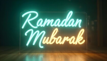 Illuminated neon sign wishing Ramadan Mubarak.