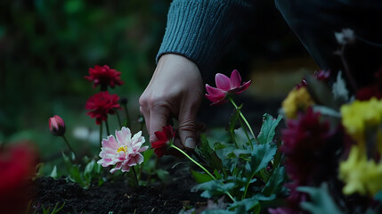 A gardener planting flowers in a bed. Featuring care and attention to detail