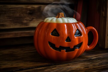 Spooky Halloween Pumpkin Mug with Steam on Wooden Table