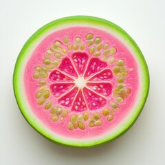 A halved guava fruit showing the seeds and pink flesh inside it isoleted on white background