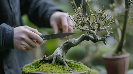 A gardener pruning a bonsai tree with precision shears. Featuring delicate branches and sculpted aesthetics