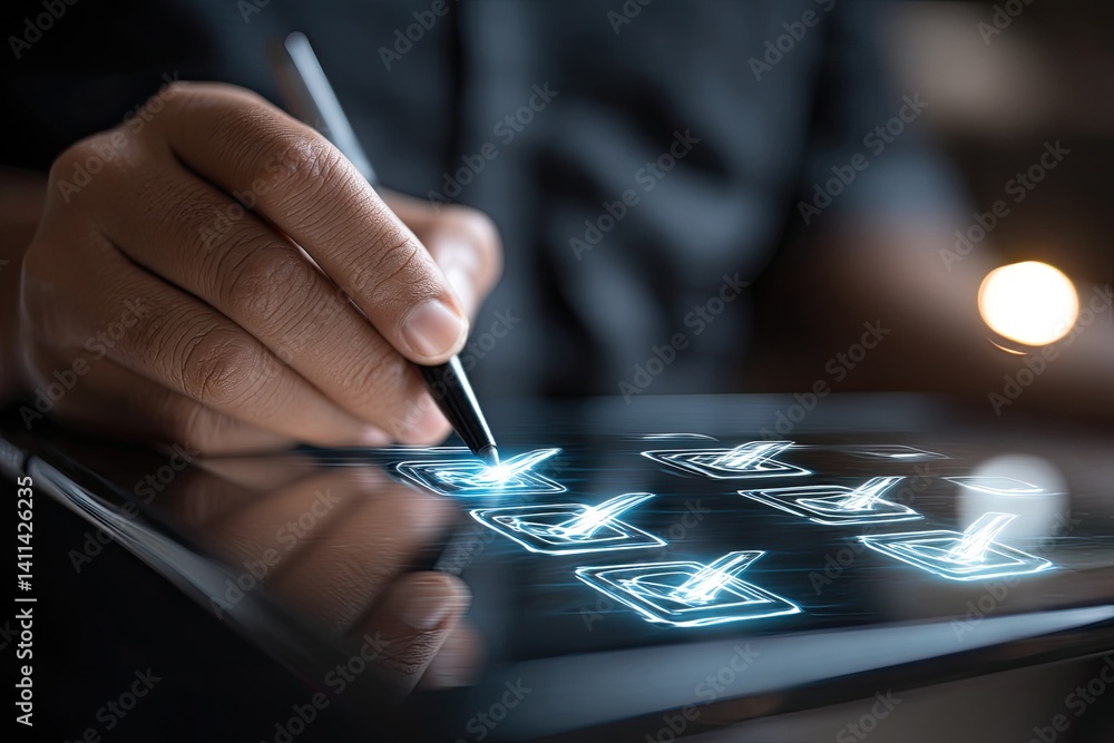 Aufkleber person using digital tablet with interactive controls