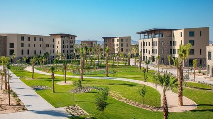 Fototapeta premium Residential real estate complex with landscaped gardens and walking paths