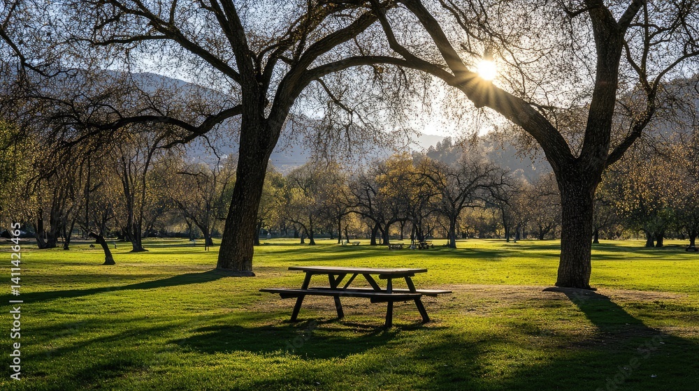 Poster a scenic picnic spot with soft shadows and golden light shining through trees on an afternoon
