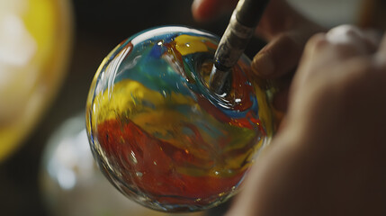 A glass artist blowing a colorful vase. Featuring creativity and dexterity