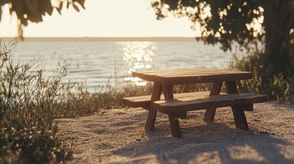 A scenic picnic spot with soft shadows and golden light shining through trees on an afternoon