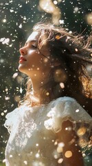 Obraz premium Young woman enjoying a moment of serenity in a sunlit forest with floating particles around her