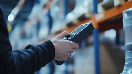 Warehouse worker using a scanner to track inventory. Featuring technology and accuracy