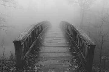 Obraz premium Misty wooden bridge through fog