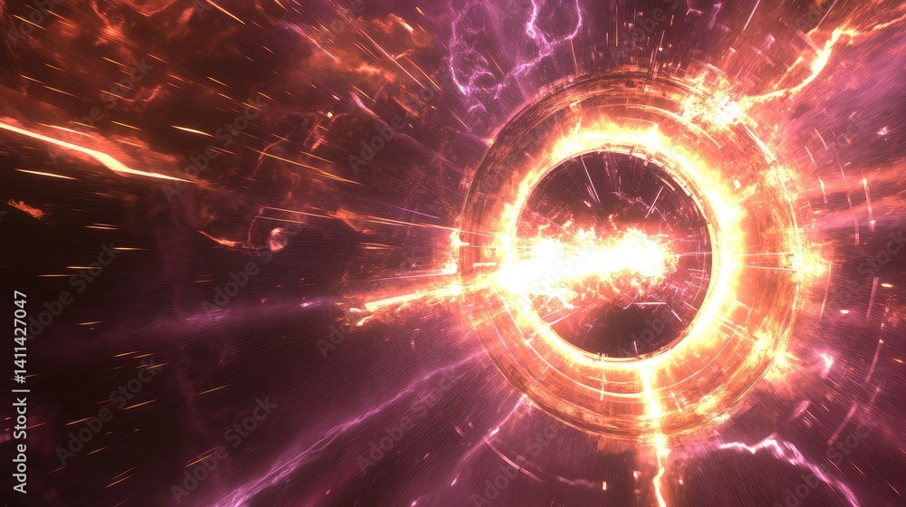 Poster circular network of electric pulses and rays of light forming a powerful communication hub