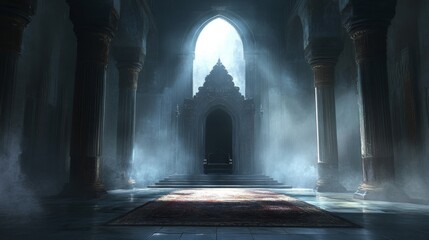Ancient Stone Hall with Foggy Atmosphere