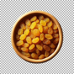 a wooden bowl filled with golden yellow raisins, Delicious Golden Raisins in Wooden Bowl - Isolated on transparent background, png, psd
