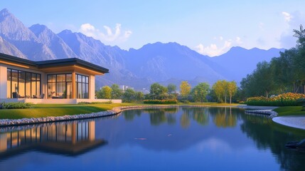 Fototapeta premium Serene lakeside view of a modern house surrounded by mountains and lush greenery at sunset