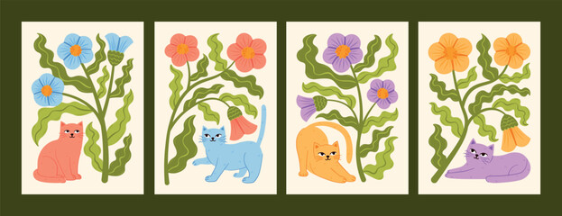 Trendy poster set with plants, flowers, dahlias, pansies, forget-me-nots, bellflowers and kittens. Stylish modern vector hand drawn illustrations with cute gentle cats, kitties collection.