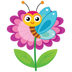 Cute cartoon butterfly with big eyes sitting on a bright pink flower