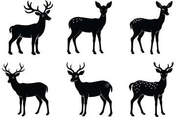 A cute black vector illustration features a silhouette set of wild deer and antlered reindeer, a mammal from nature