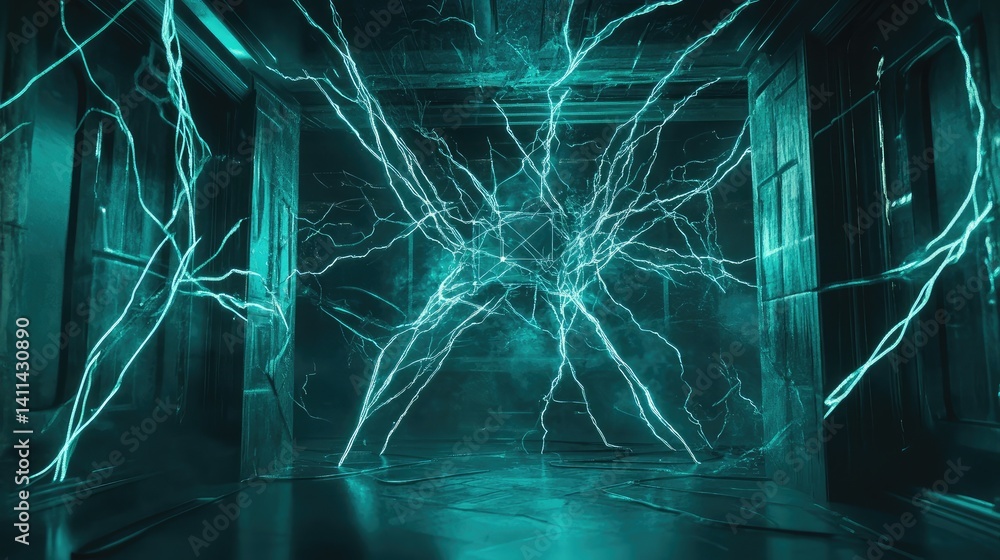 Poster stylized electric lines darting between nodes in a glowing cyber web