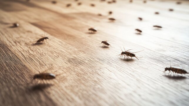 Several silverfish insects crawl on a wooden floor surface