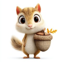 Adorable Brown Cartoon Chipmunk Holding Acorns in Burlap Sack Against White Background