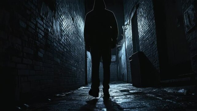 Thief guy, criminal scene of crime. Hooded dangerous man stand dark scary narrow street alley. Theft, Offender silhouette. Lurking threat, drama, darker side of city life.