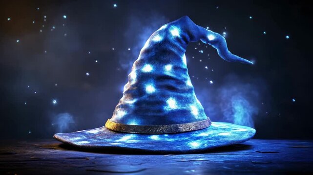Magical blue wizard hat rests on dark wooden surface. Enchanting atmosphere. Fantasy fairytale, magic fairy tale story, fantastic storytelling. Witch wide-brimmed pointed conical crown hat, kappell