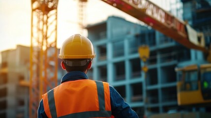 A construction worker operating a crane at a building site. Featuring skill and coordination