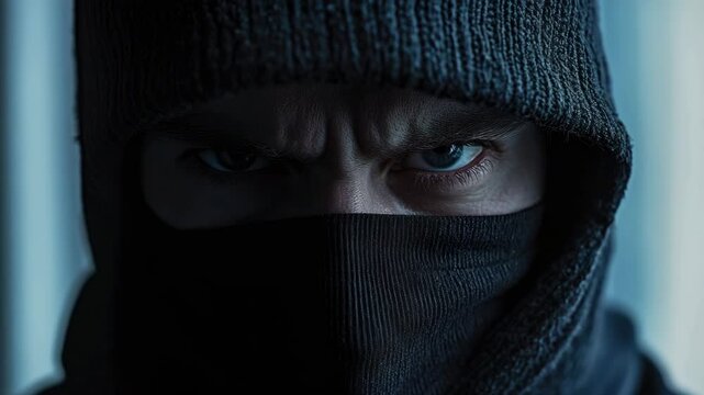 Mysterious evil man in dark hood. Thief guy portrait, criminal face, crime. Hooded dangerous man look at camera. Theft, bad offender. Lurking threat, drama, anonymity.