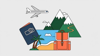 Fototapeta premium Travel and Vacation Icon Set – Flat Line Style Tourism Icons Including Luggage, Passport, Airplane, Hotel, Beach, and Camera
