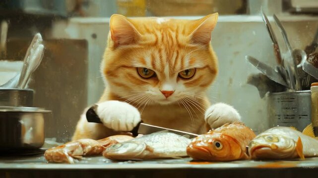 Humorous cat wields knife cooking fresh fish in kitchen setting. Playful culinary preparation. Food art. Funny asian kitty chef prepare seafood meal.