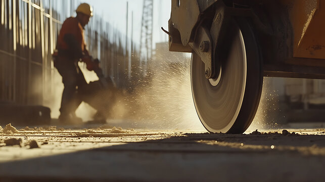 A construction worker using a circular saw to cut wood at a construction site. Featuring focus and precision