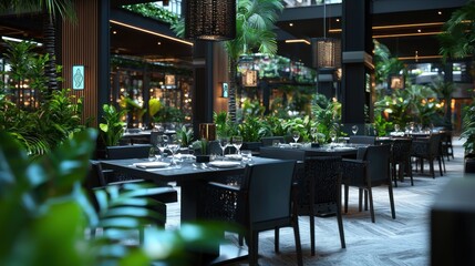 Tropical restaurant interior dining area with lush greenery