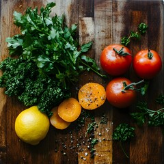 Vibrant Food Photography: Fresh Tomatoes, Parsley, Apricots, and Lemon on Wooden Board