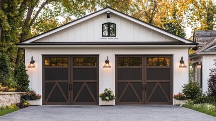 A white house with two garage doors and a black roof
