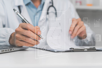Doctor and patient health information. A medical worker work with virtual Quality Certificate and Checklist document analyst target marketing planning assignment with quality, medical report.